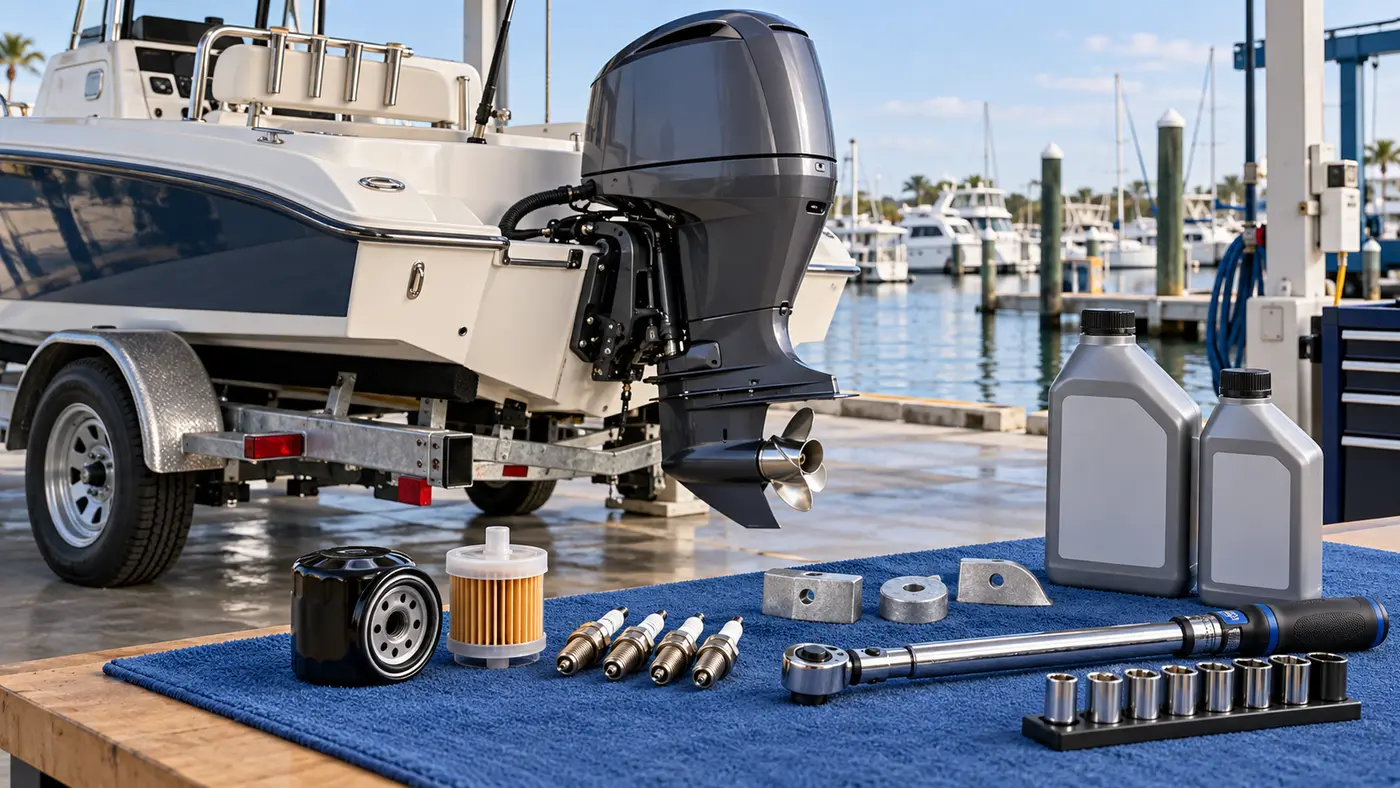 Outboard motor set up for routine annual service with organized marine tools