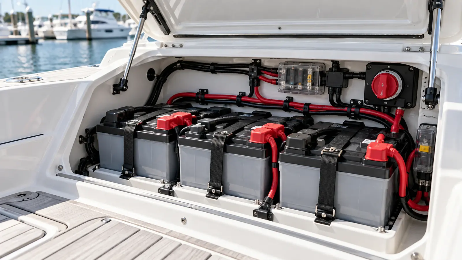 Secure marine battery bank with protected cabling and switches