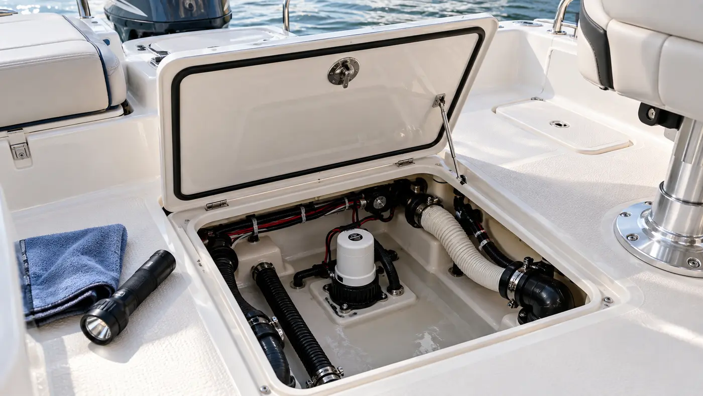 Clean dry bilge compartment open for inspection with a flashlight nearby