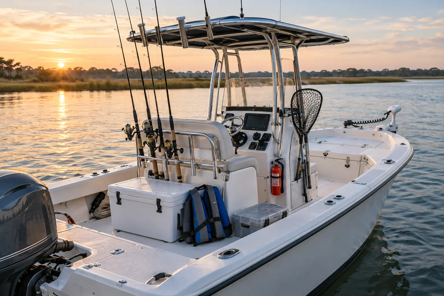 Fishing boat organized with rods, tackle, landing net, cooler and safety gear
