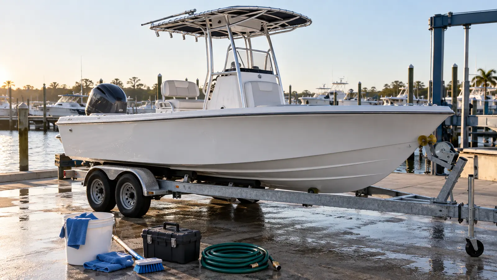 Center-console boat prepared for routine maintenance