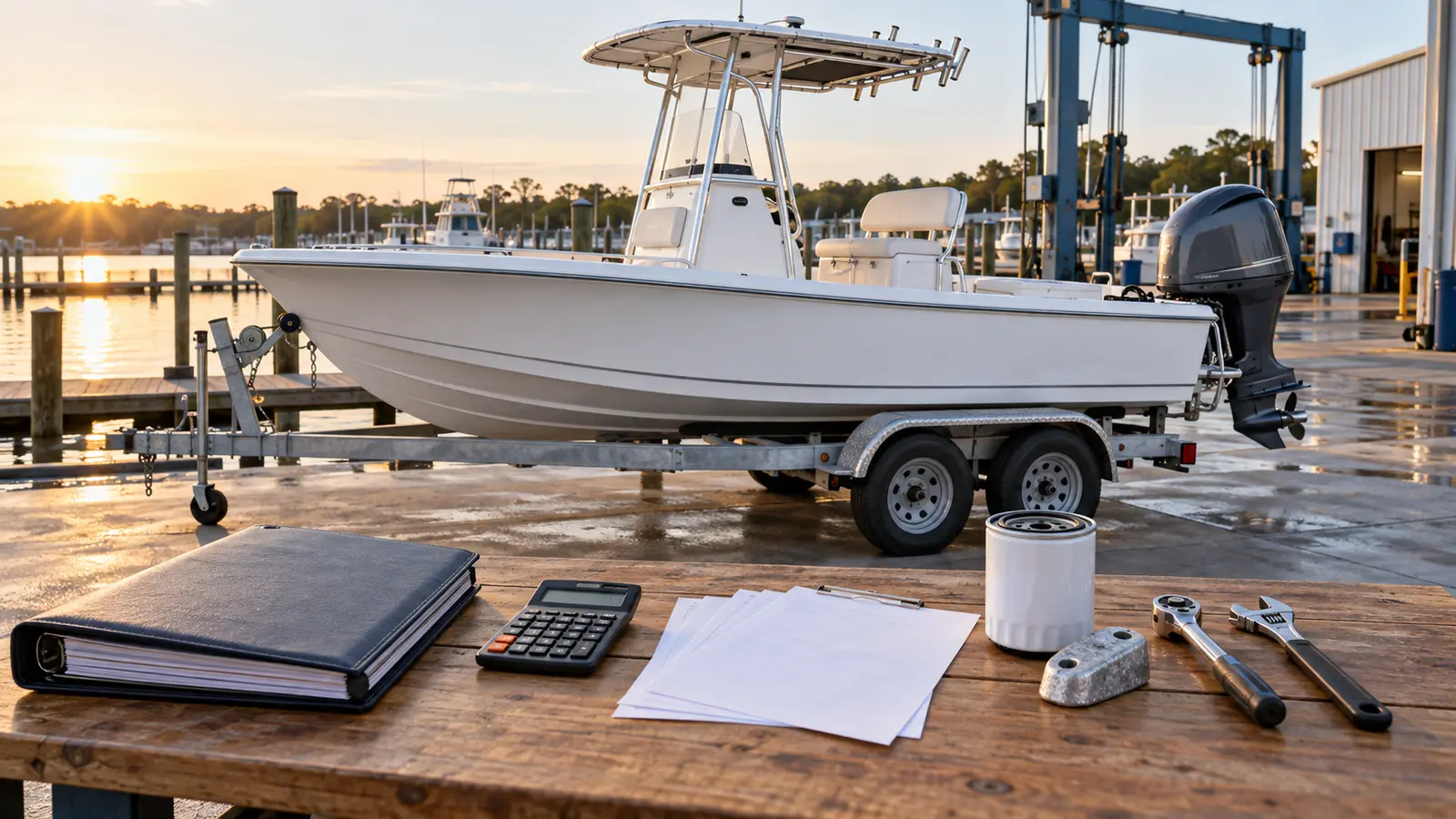 Boat owner reviewing maintenance expenses beside a trailered boat