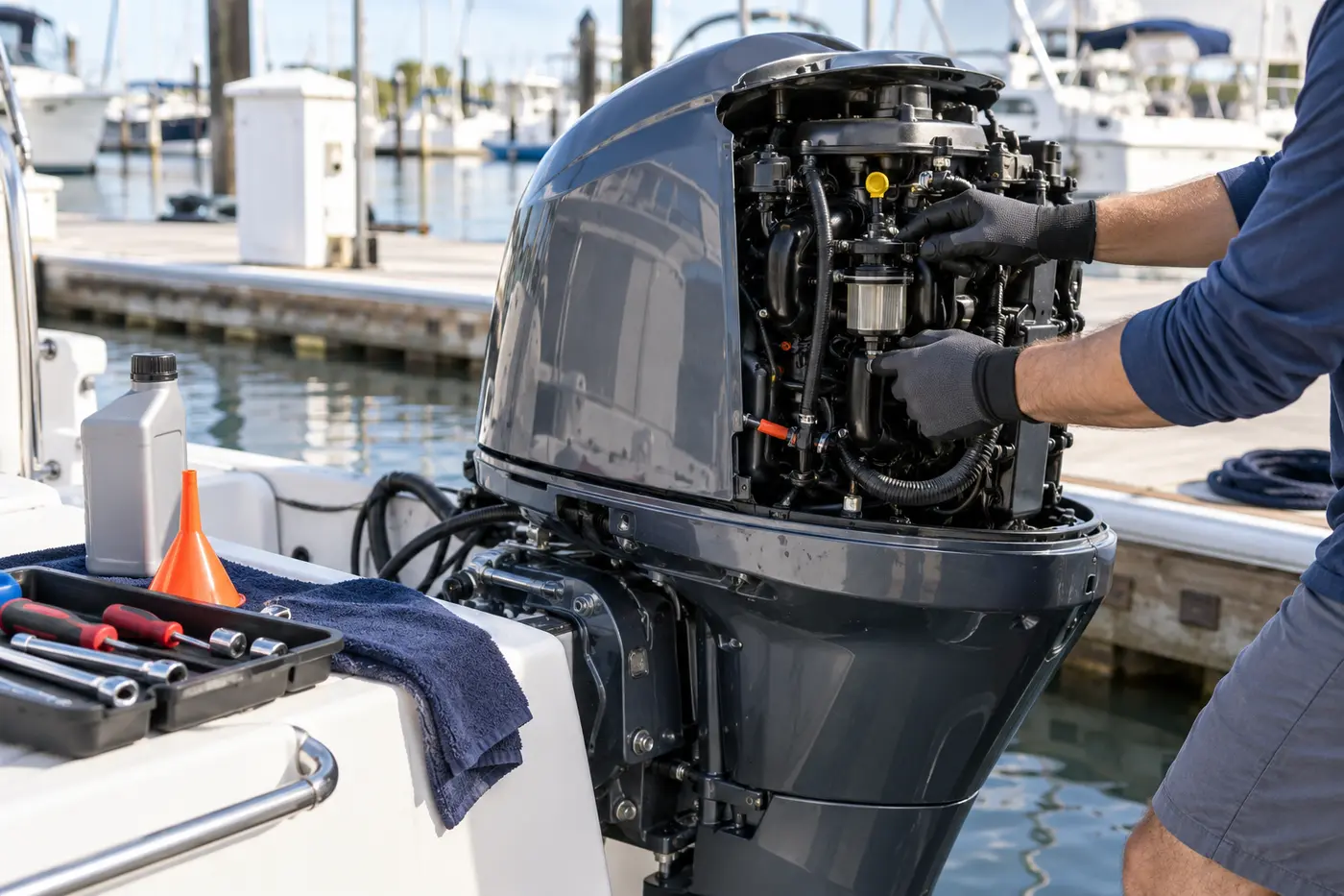 Outboard motor maintenance at a marina