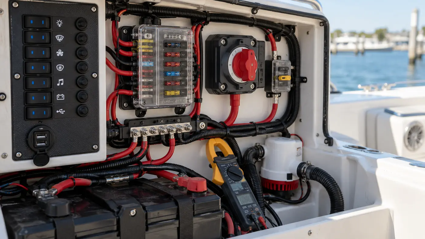 Marine electrical panel, battery switch and clamp meter arranged for circuit diagnosis