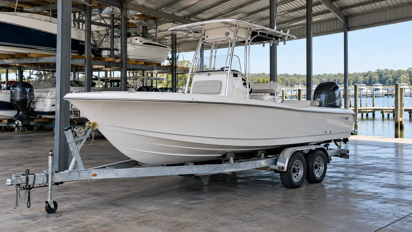 Recreational boat stored on a trailer inside a covered marina building