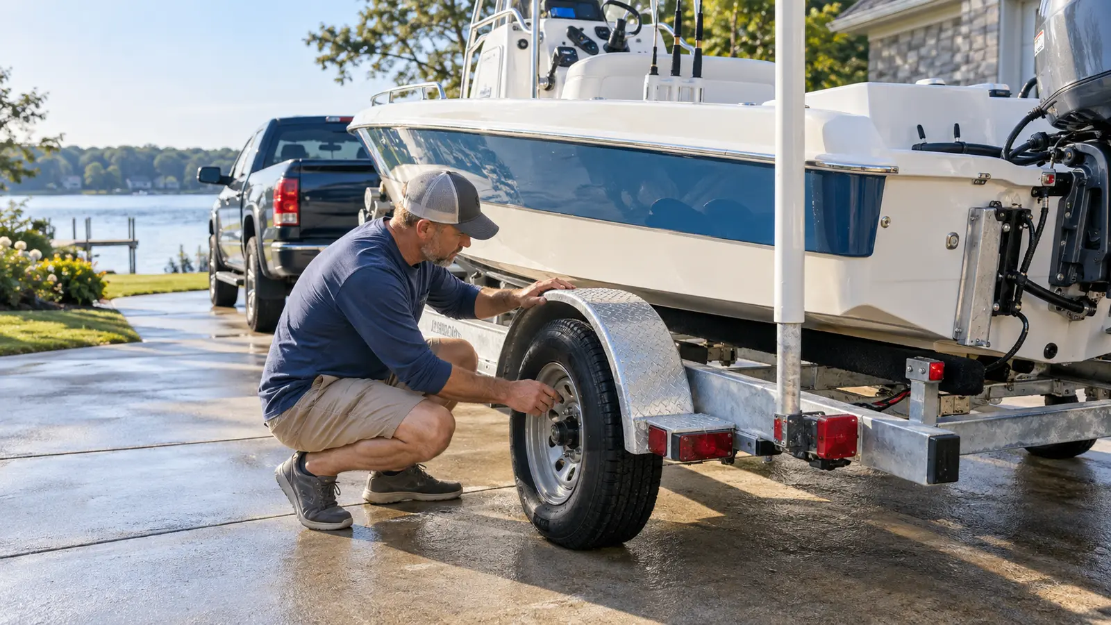 Boat owner inspecting a boat trailer tire and wheel hub before towing