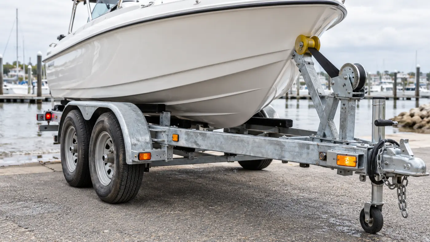 Tandem-axle boat trailer showing tires, wheel hubs, winch, coupler and working lights
