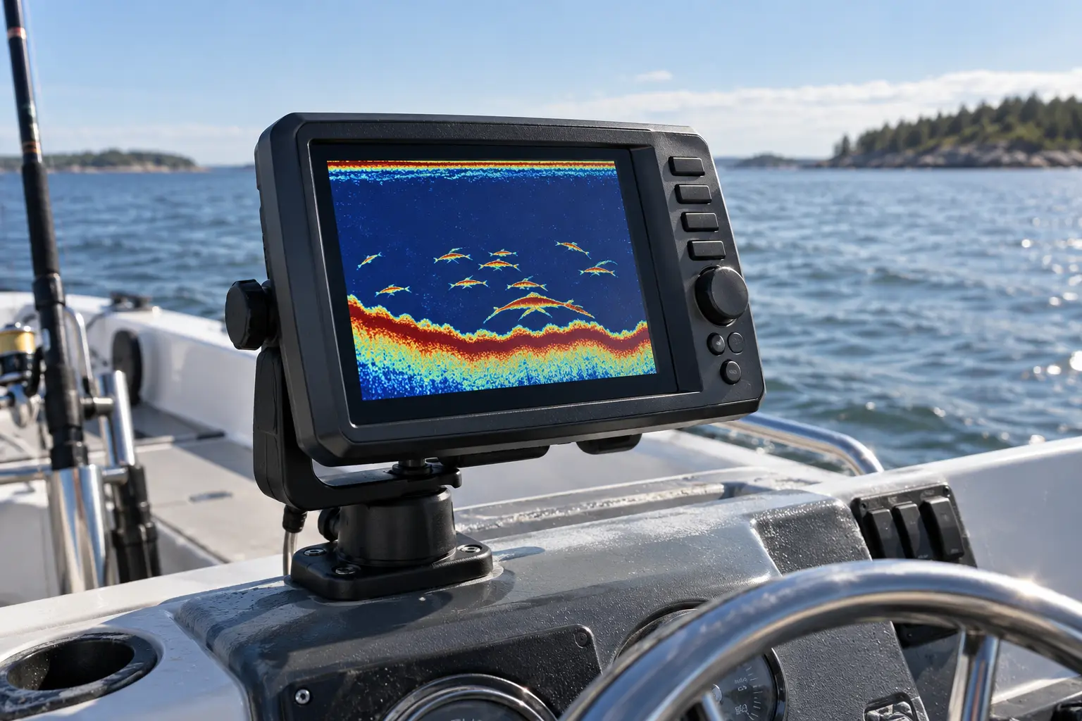 Generic fish finder mounted at the helm of a fishing boat