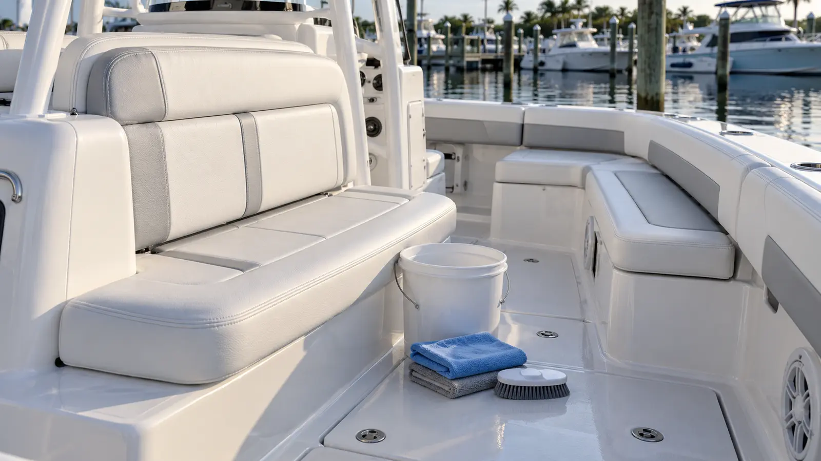 Clean marine vinyl seats with simple cleaning supplies nearby