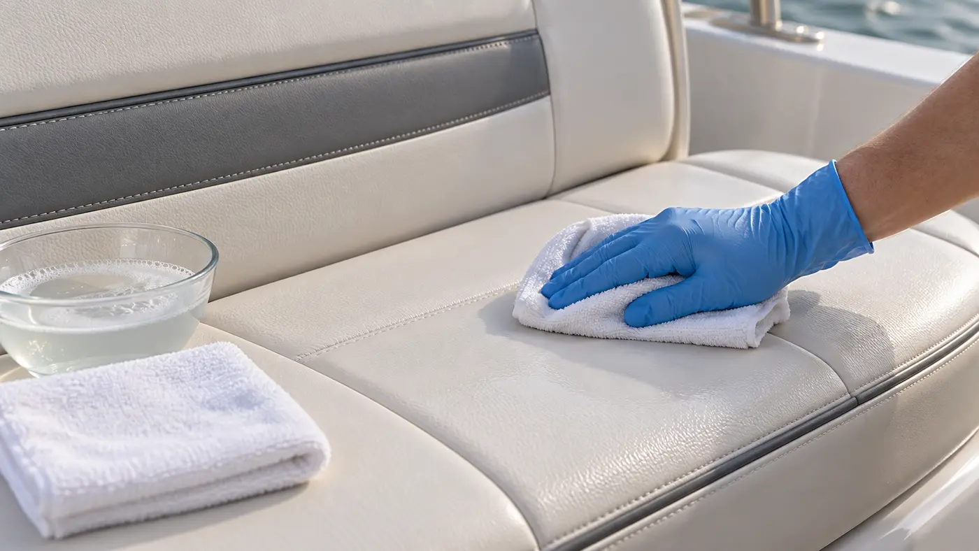 Gloved hand gently wiping marine vinyl with a damp microfiber cloth