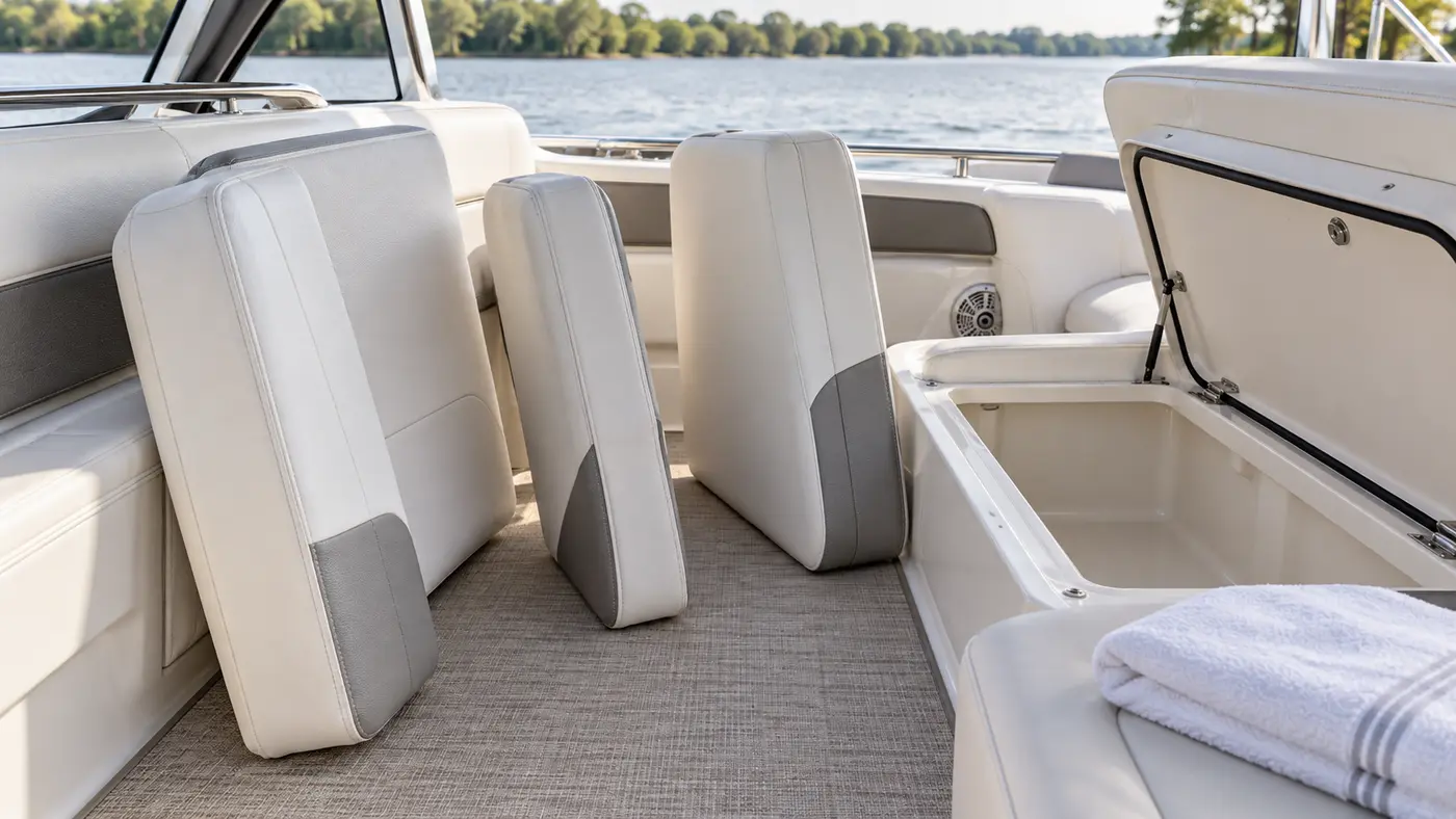 Marine vinyl cushions standing upright to dry beside an open clean storage compartment