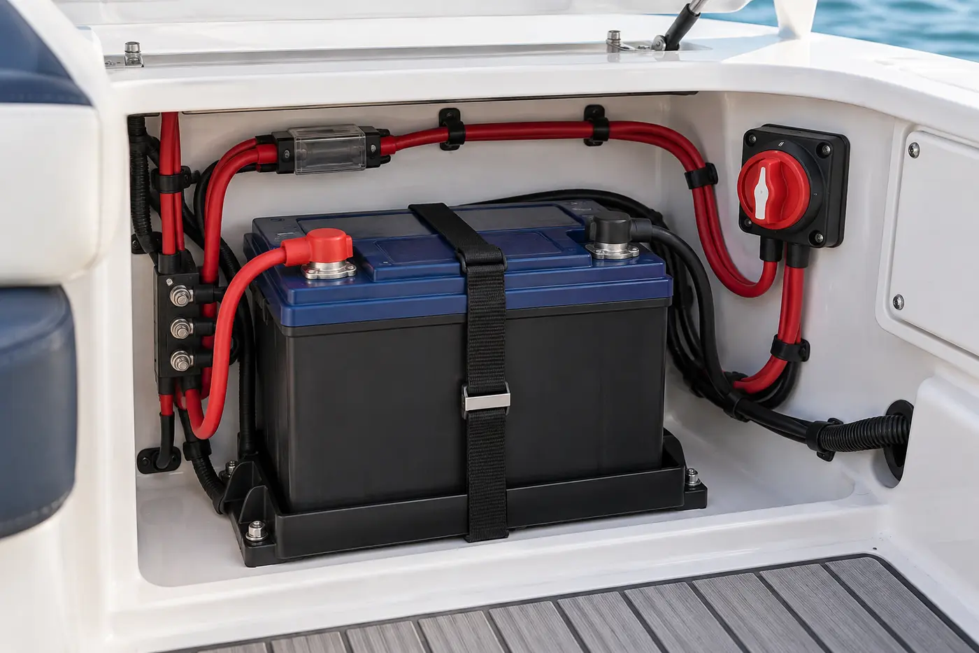 Secured marine battery and cables