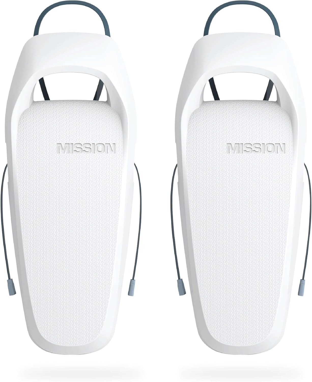 Complete original view of two MISSION SENTRY white boat fenders