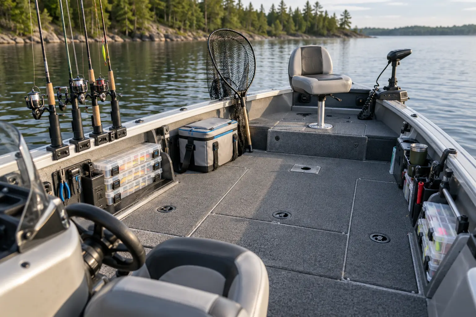 Fishing gear organized aboard a compact fishing boat
