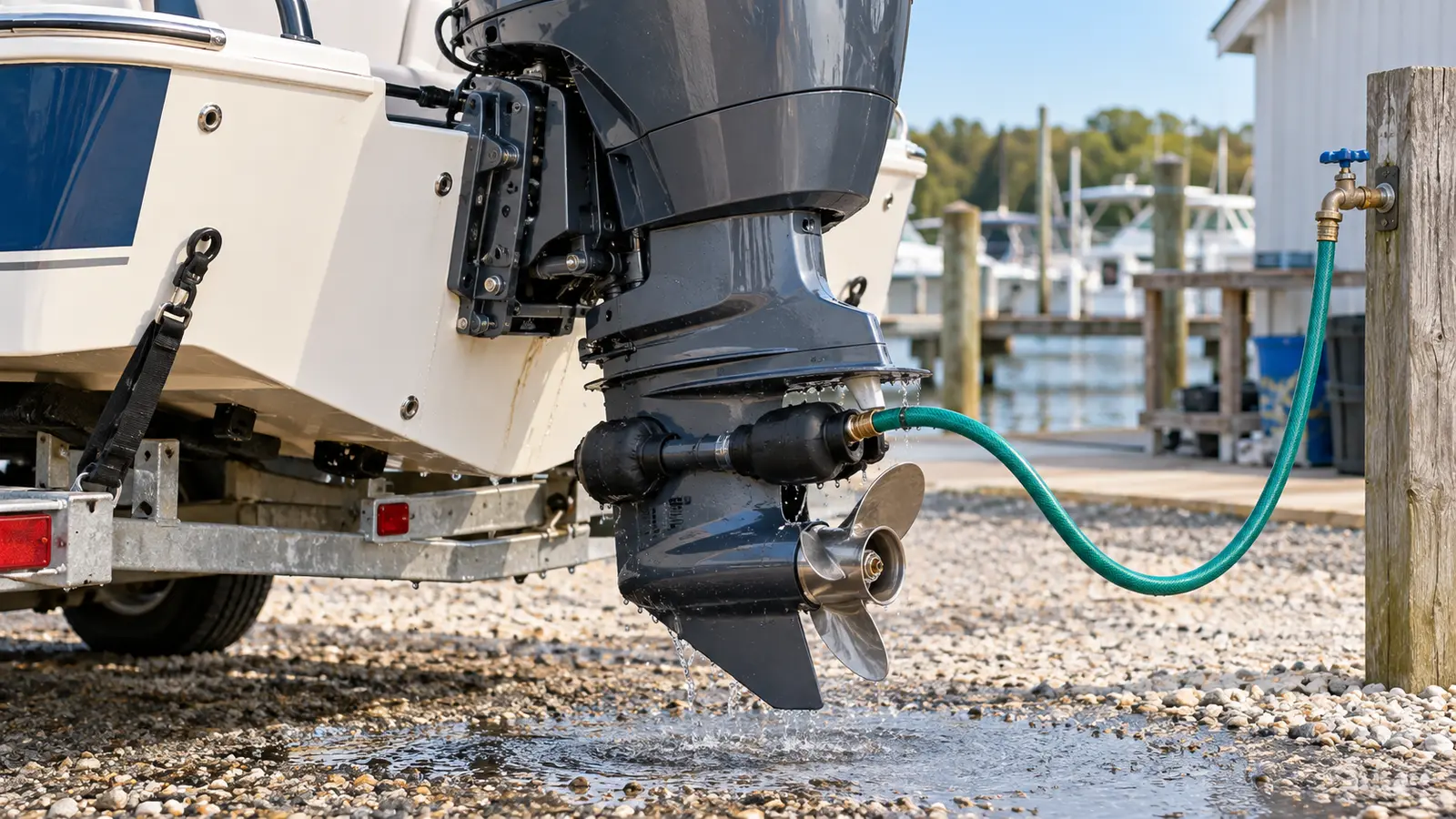 Freshwater flush setup connected to an upright outboard motor on a trailer