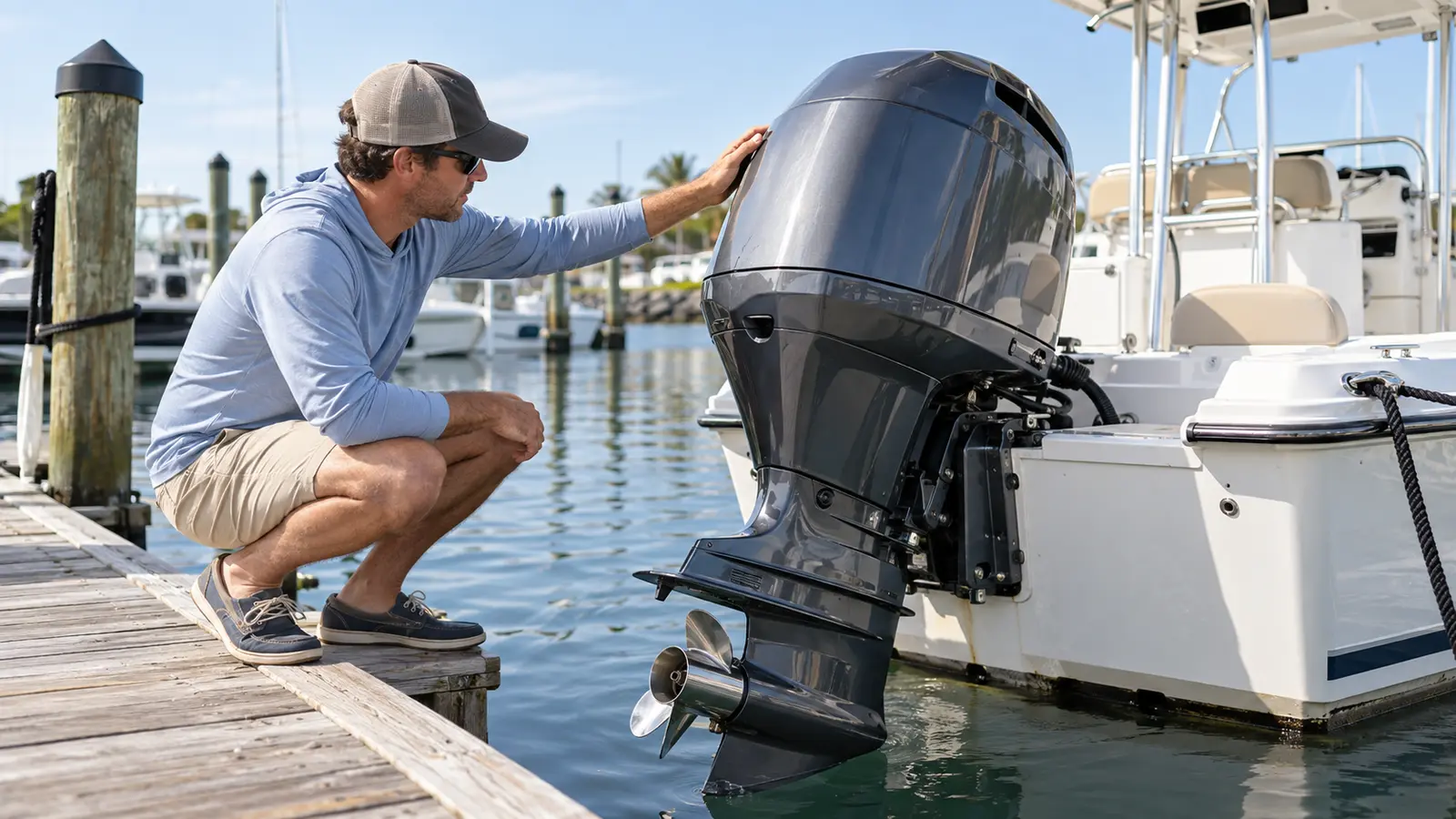 Boat owner inspecting an outboard motor before launching