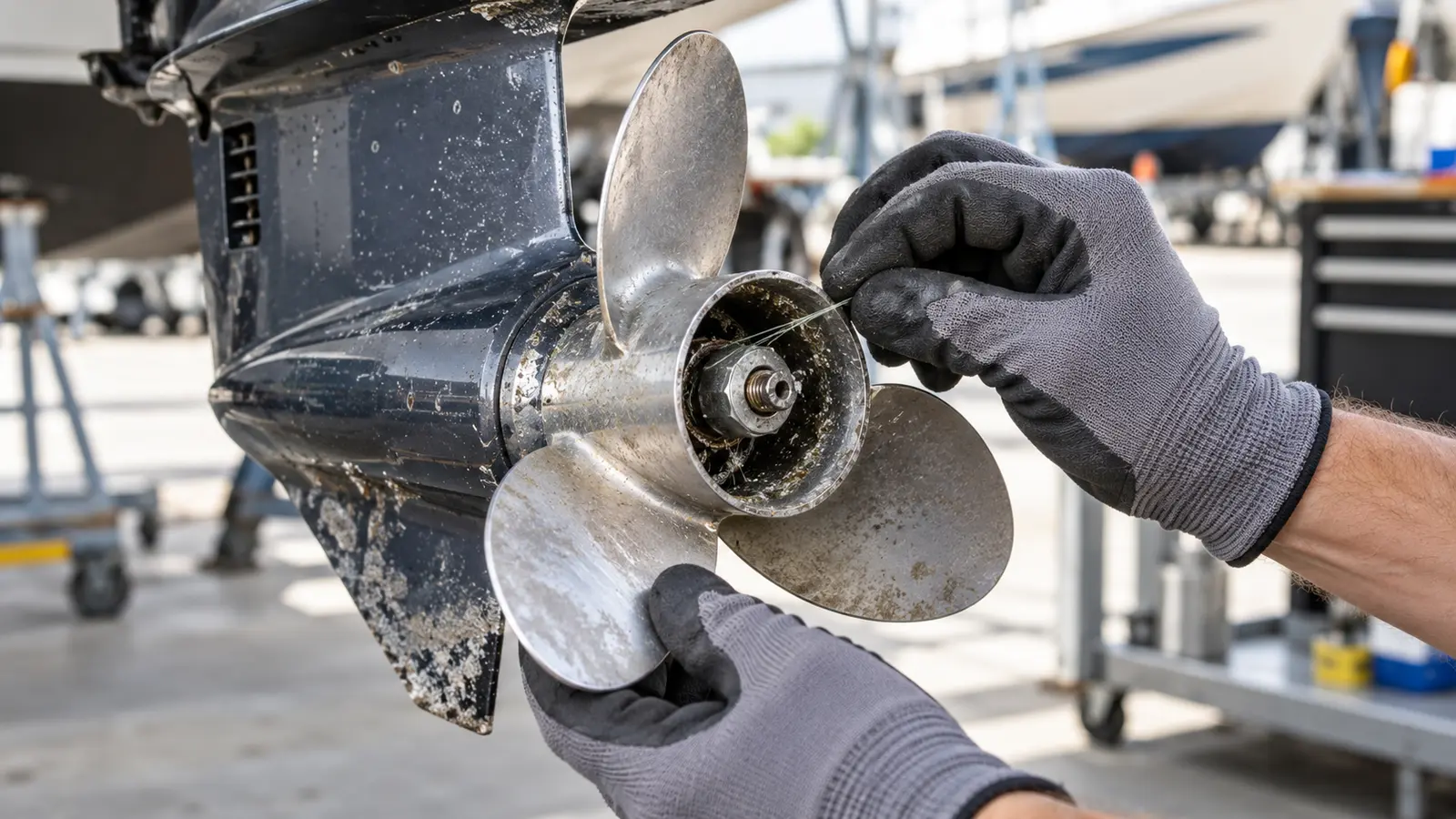 Gloved hands inspecting an outboard propeller and lower unit with the engine safely disabled