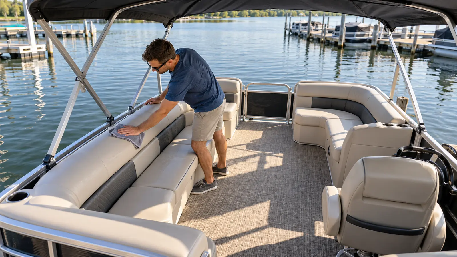 Owner drying pontoon boat seating and woven deck after routine cleaning