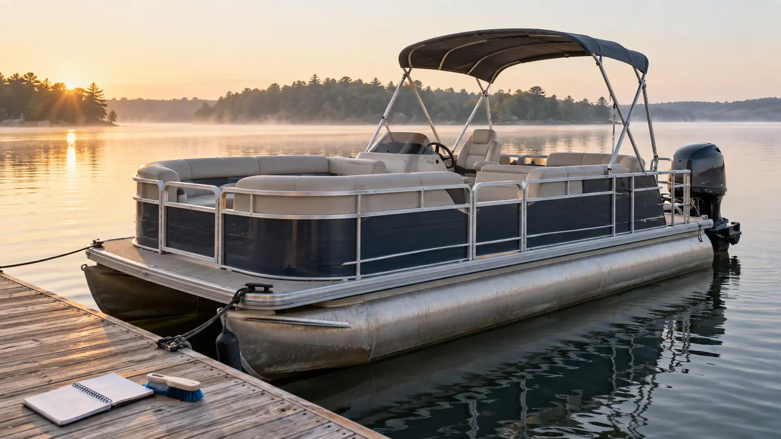 Clean pontoon boat tied beside a dock at sunrise