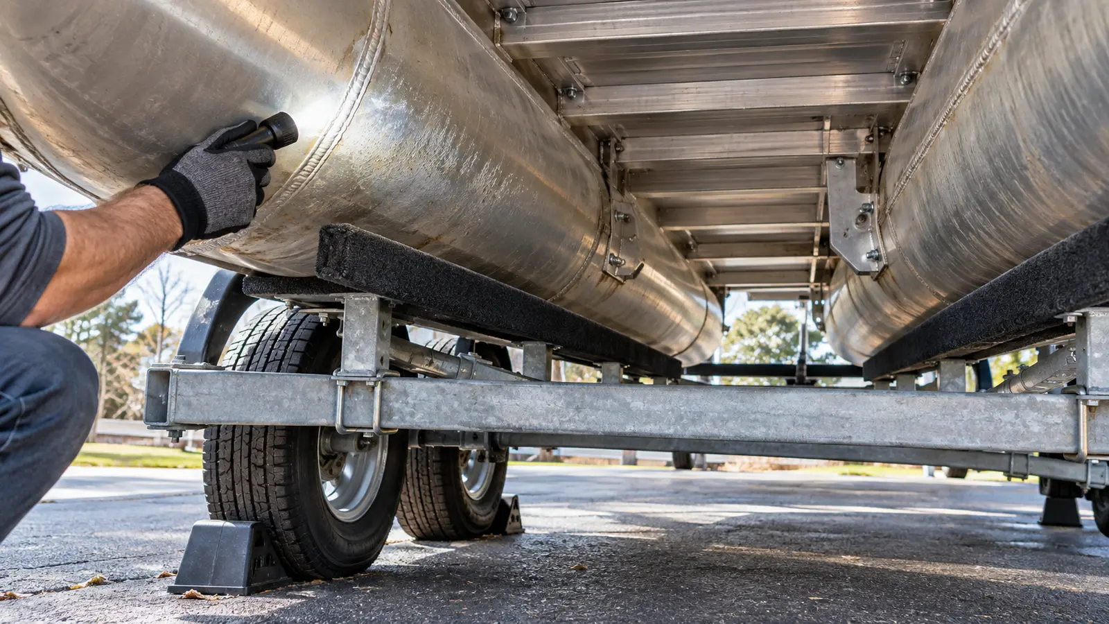 Owner inspecting aluminum pontoon tubes and trailer supports with a flashlight
