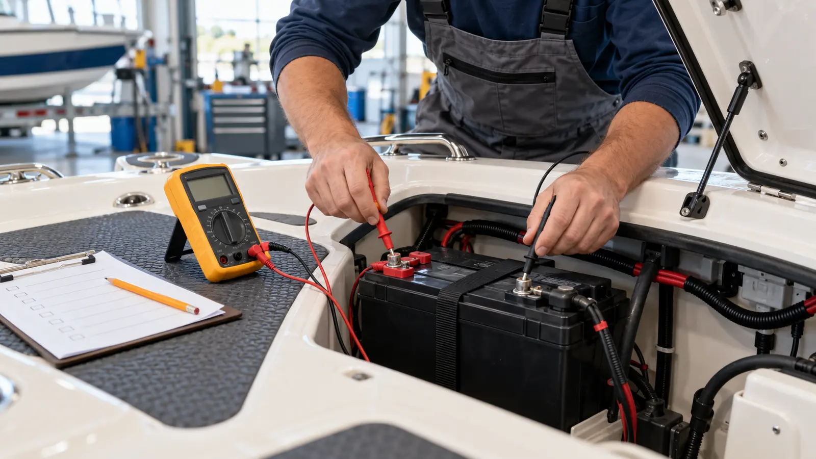 Marine technician testing a boat battery with a digital multimeter