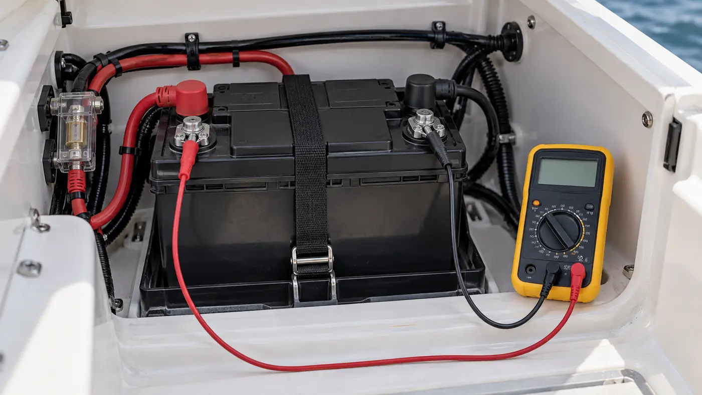 Digital multimeter positioned to measure voltage at a secured marine battery