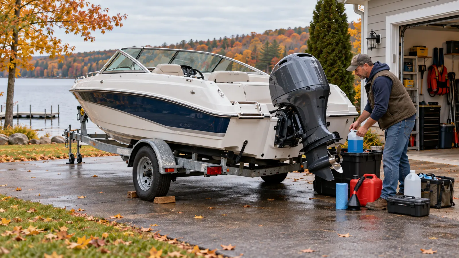 Boat owner preparing a trailered boat for winter storage
