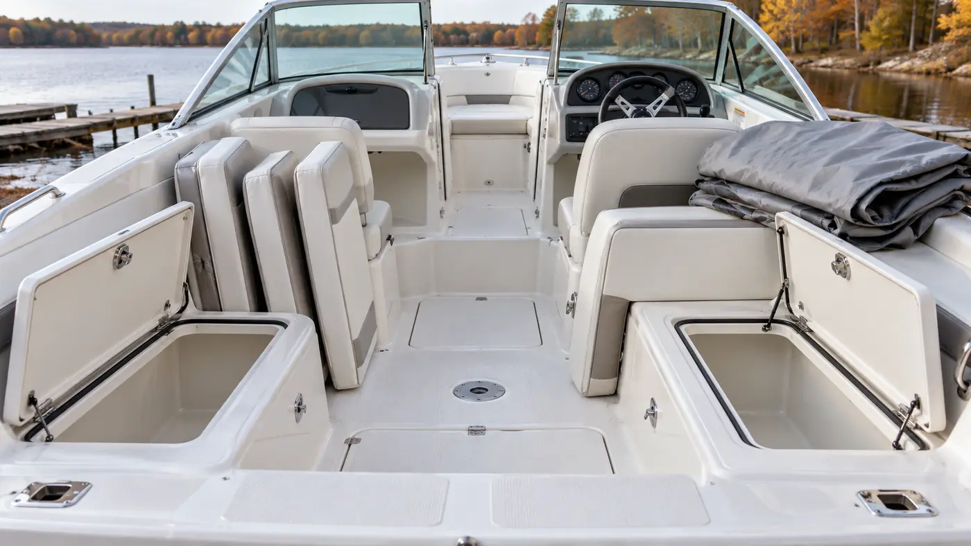 Clean, dry boat cockpit with storage compartments open before winter storage