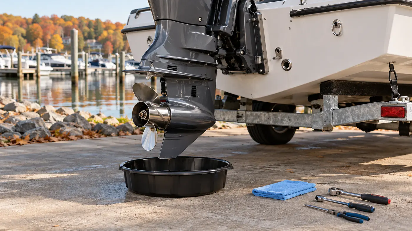 Outboard motor prepared for seasonal maintenance with tools and a drain pan nearby